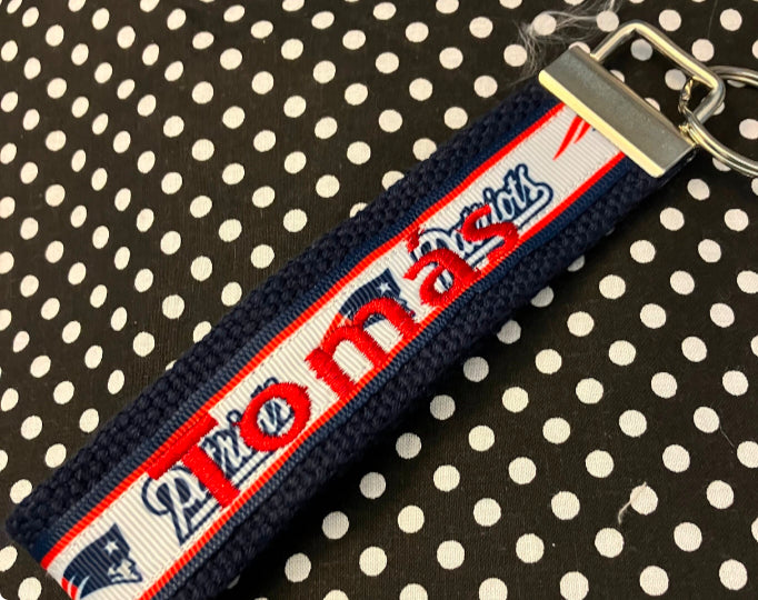 New England Patriots inspired Personalized  Key Fob wristlet  - 2 sizes available   FREE  personalization embroidery -  Football