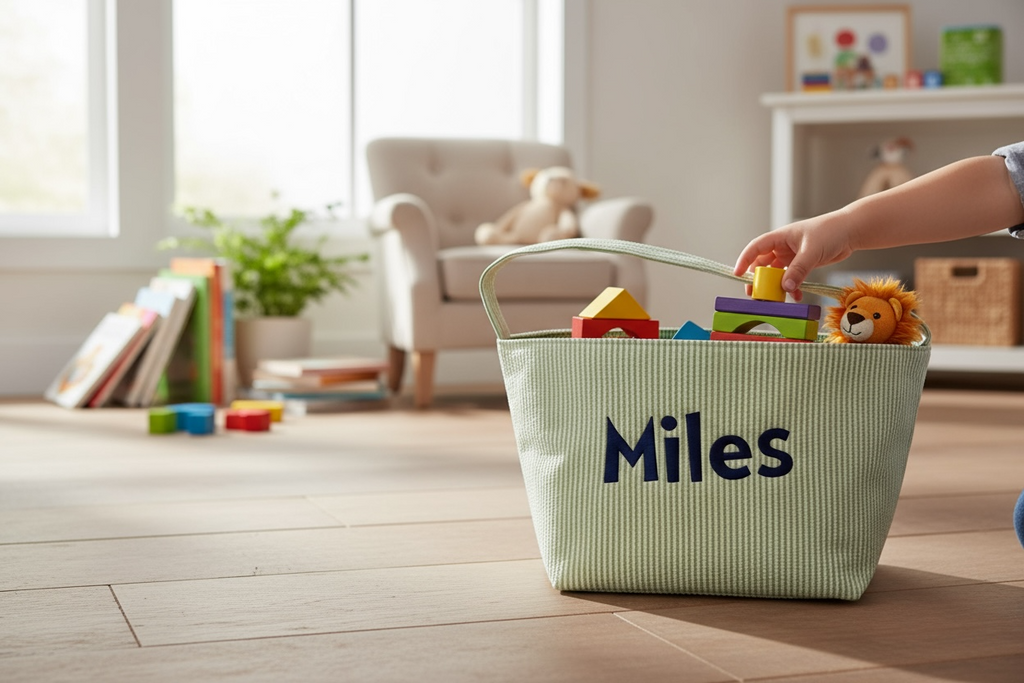 Personalized, Embroidered Seersucker Easter Basket, Easter Gift Basket, Baby Gift Basket, Embroidered Seersucker Gift Basket