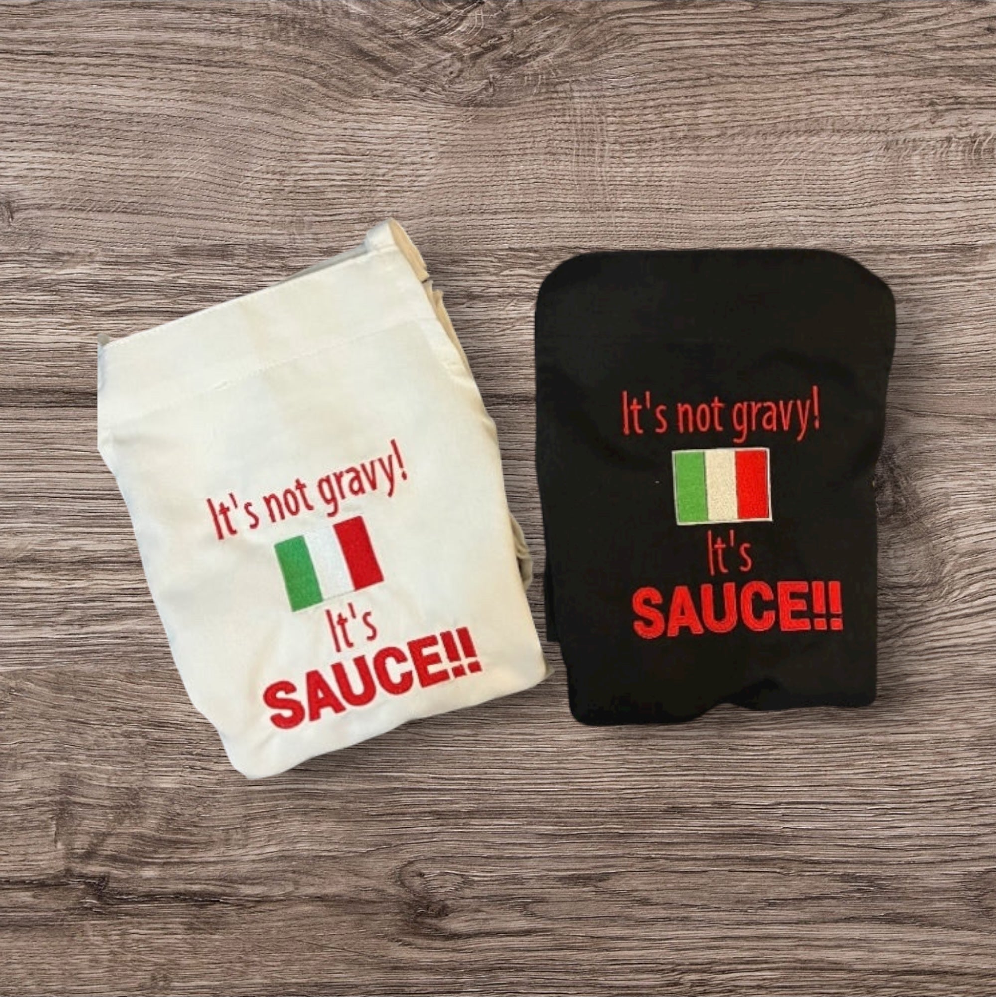 Italian Flag It’s Not Gravy, it’s Sauce - Embroidered FUNNY Aprons - FREE Personalization - adjustable -  2 colors Sauce or Gravy Debate