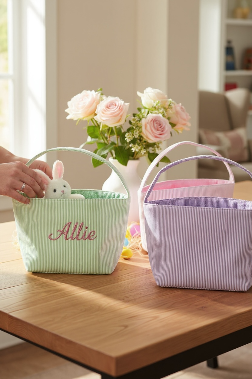 Personalized, Embroidered Seersucker Easter Basket, Easter Gift Basket, Baby Gift Basket, Embroidered Seersucker Gift Basket