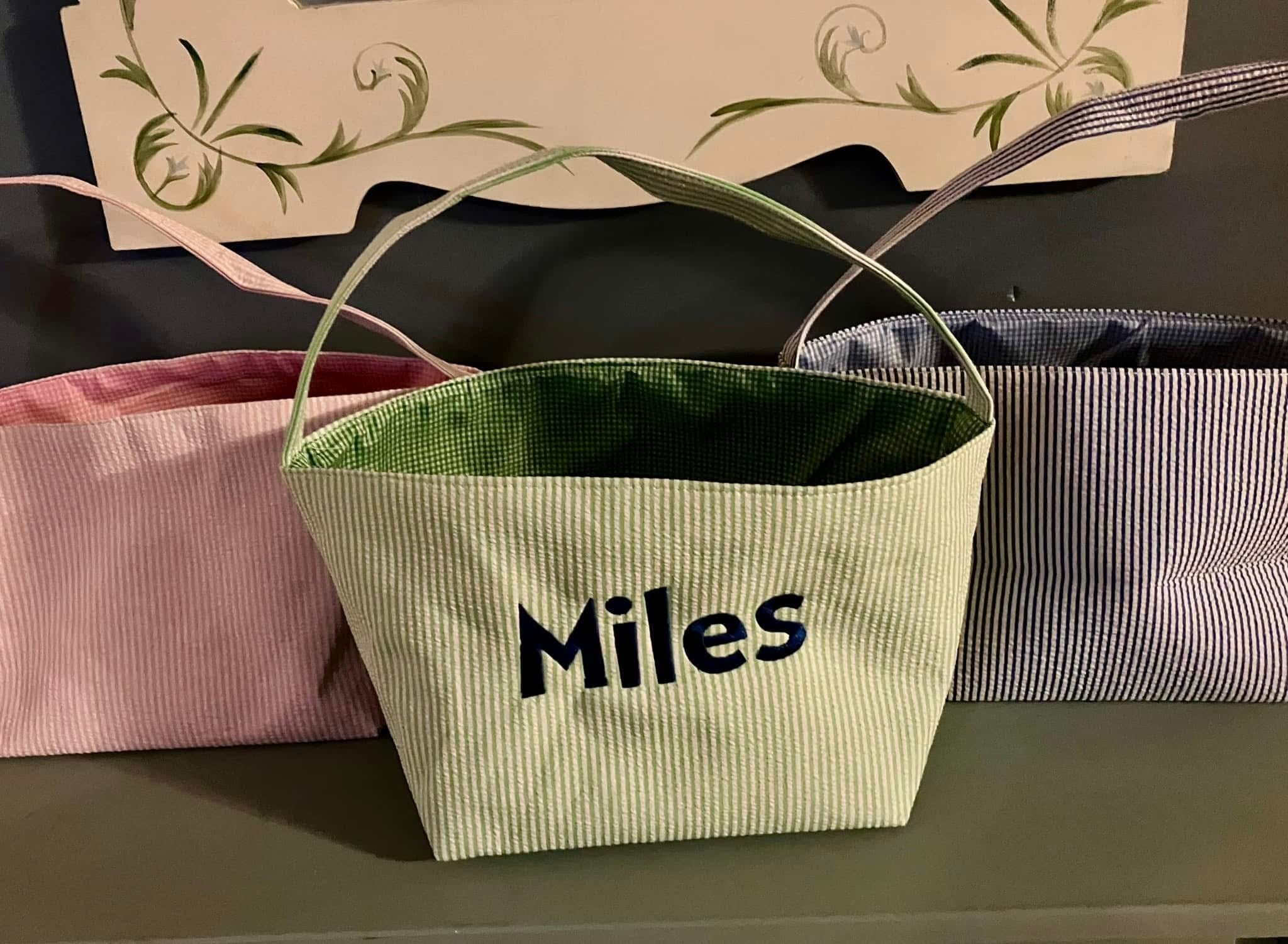 Personalized, Embroidered Seersucker Easter Basket, Easter Gift Basket, Baby Gift Basket, Embroidered Seersucker Gift Basket