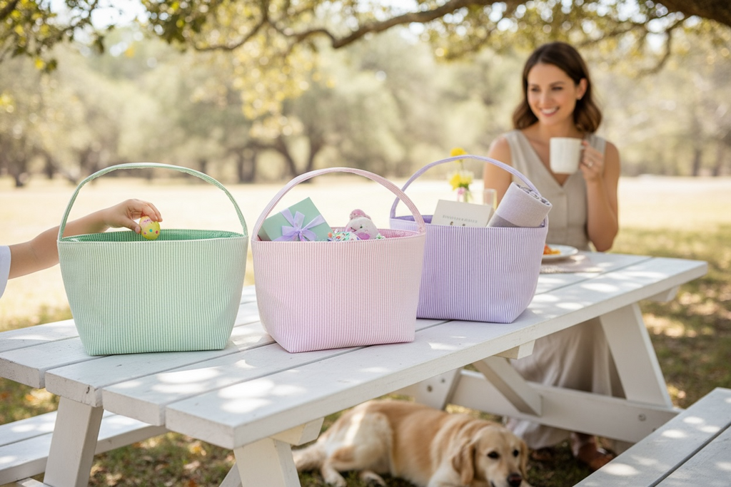 Personalized, Embroidered Seersucker Easter Basket, Easter Gift Basket, Baby Gift Basket, Embroidered Seersucker Gift Basket