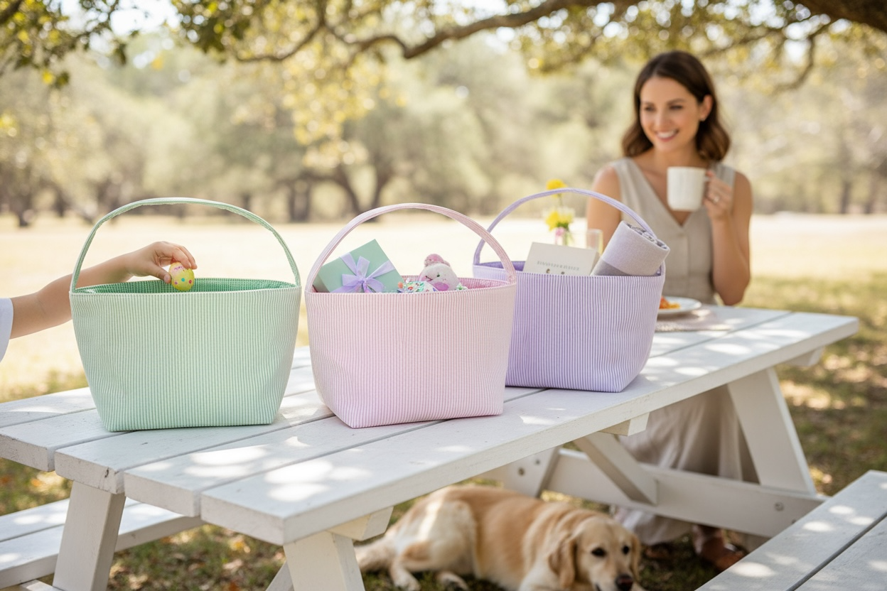 Personalized, Embroidered Seersucker Easter Basket, Easter Gift Basket, Baby Gift Basket, Embroidered Seersucker Gift Basket