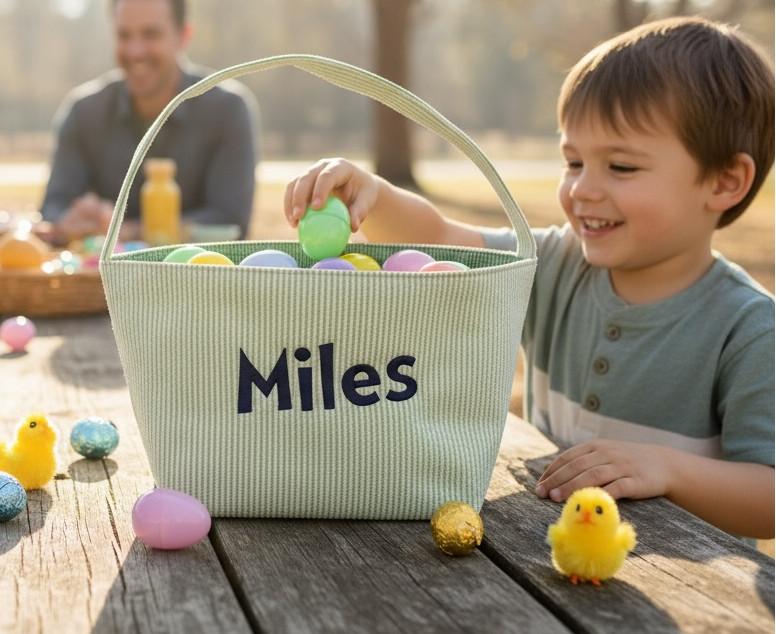 Personalized, Embroidered Seersucker Easter Basket, Easter Gift Basket, Baby Gift Basket, Embroidered Seersucker Gift Basket