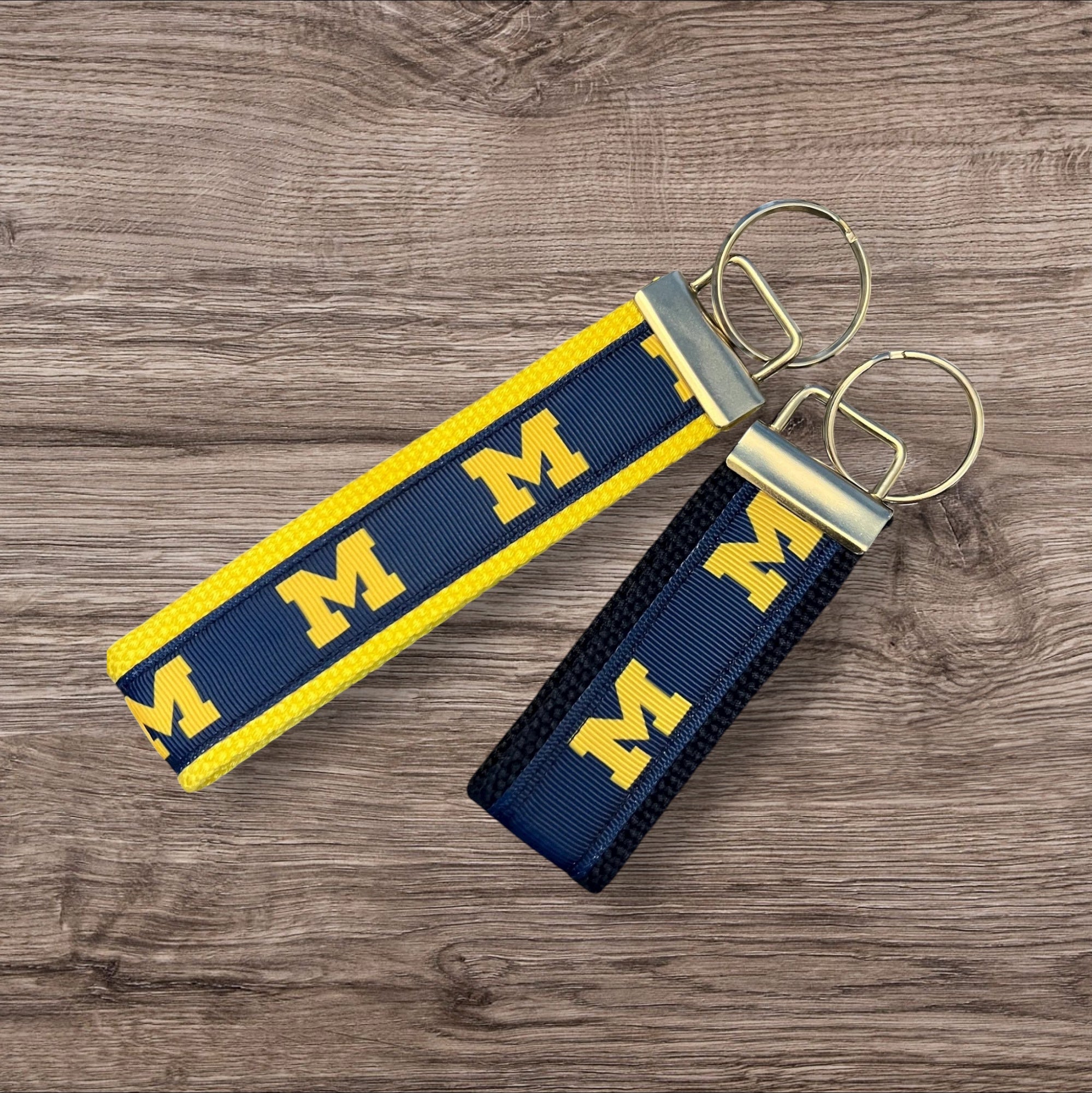 Personalized College  / University of Michigan (Navy) Inspired Keychain, key fob, luggage, alumni, merch  -  University 2 sizes available  ** Free Embroidery**