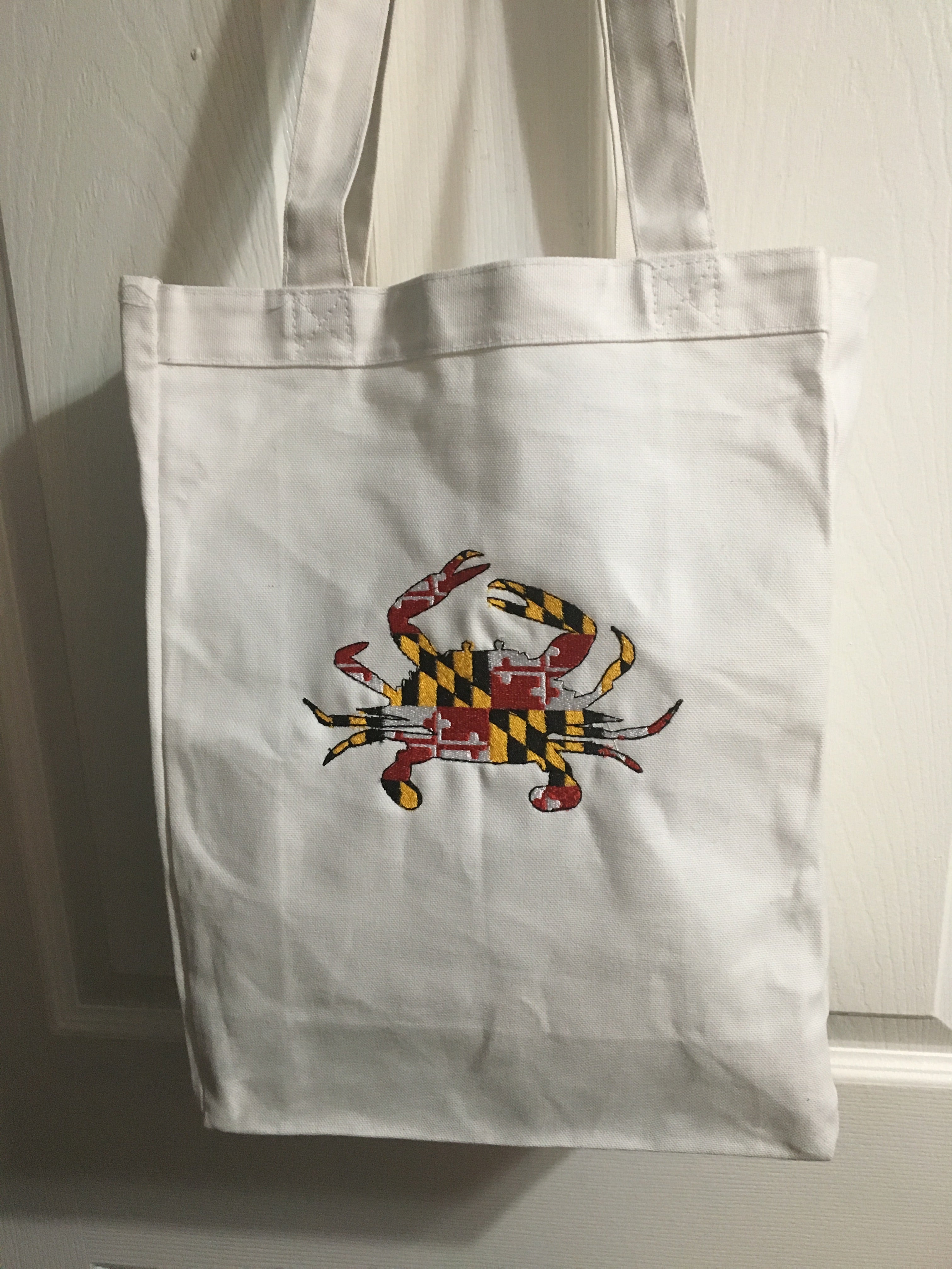 Embroidered Maryland Flag Crab Tote Bag: Heavy Canvas Reusable Grocery Bag
