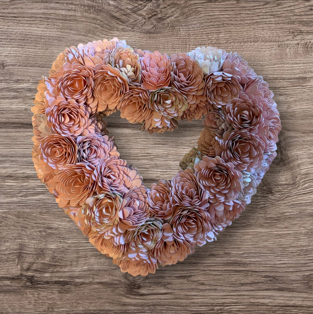 Heart Shaped Paper Flower Wreath  -  Handmade  - 6 inch - Pink
