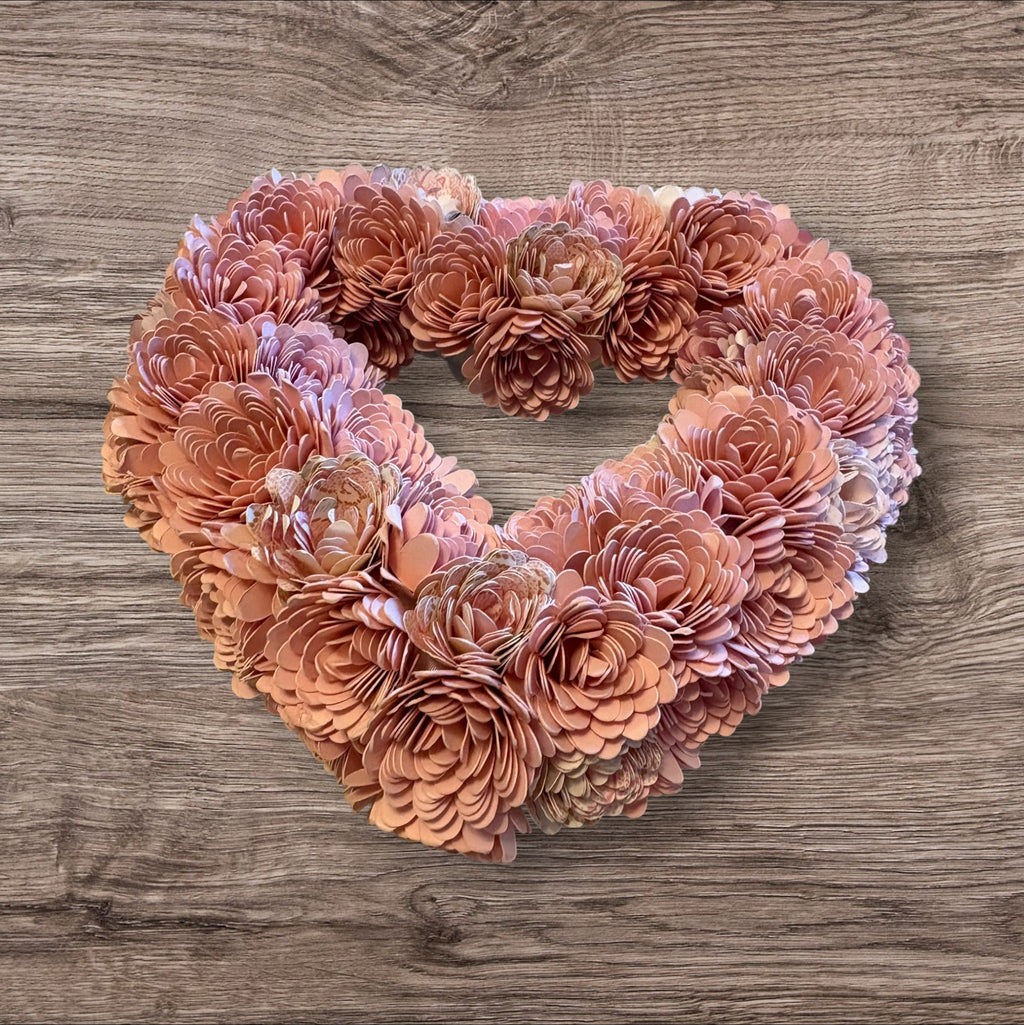 Heart Shaped Paper Flower Wreath  -  Handmade  - 6 inch - Pink