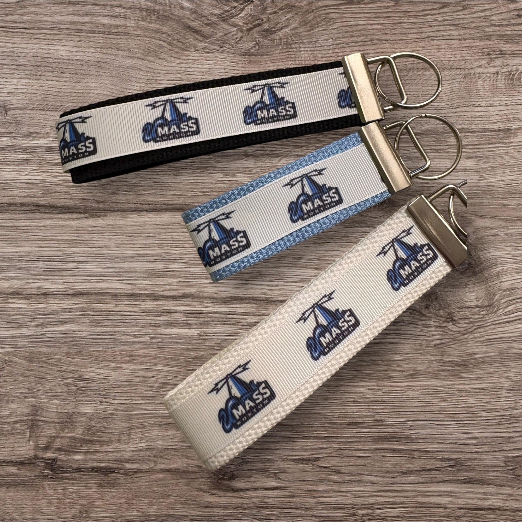 Personalized College / University   inspired Key Fob  or  Wristlet UMass - Boston  - 2 sizes available  ** Free Embroidery Available**