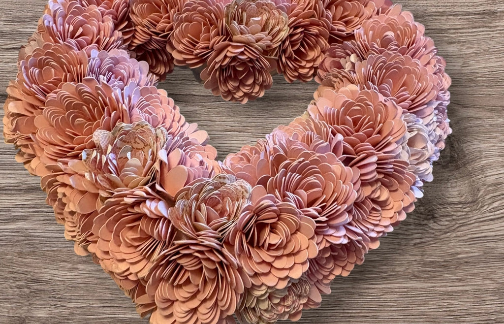 Heart Shaped Paper Flower Wreath  -  Handmade  - 6 inch - Pink