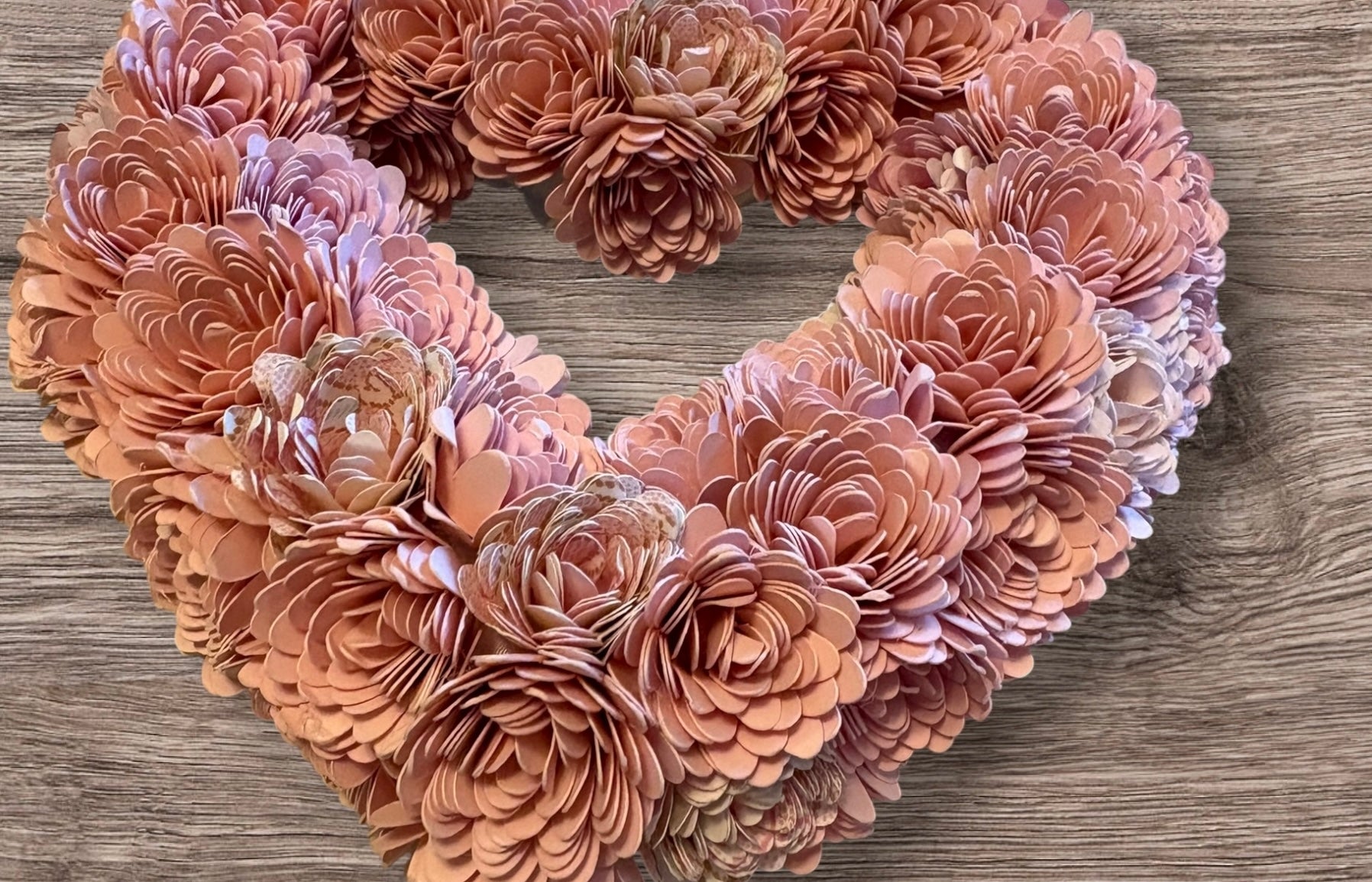 Heart Shaped Paper Flower Wreath  -  Handmade  - 6 inch - Pink