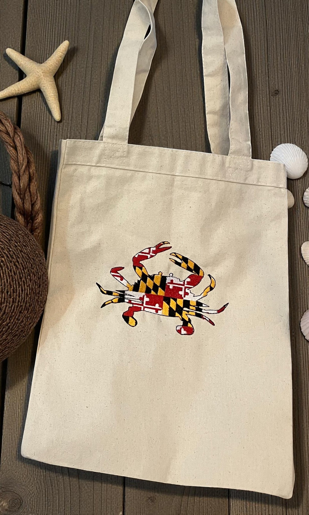 Embroidered Maryland Flag Crab Tote Bag: Heavy Canvas Reusable Grocery Bag